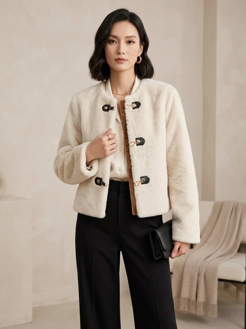 Jason Wu Cream Faux Shearling Toggle Jacket With Black Trim